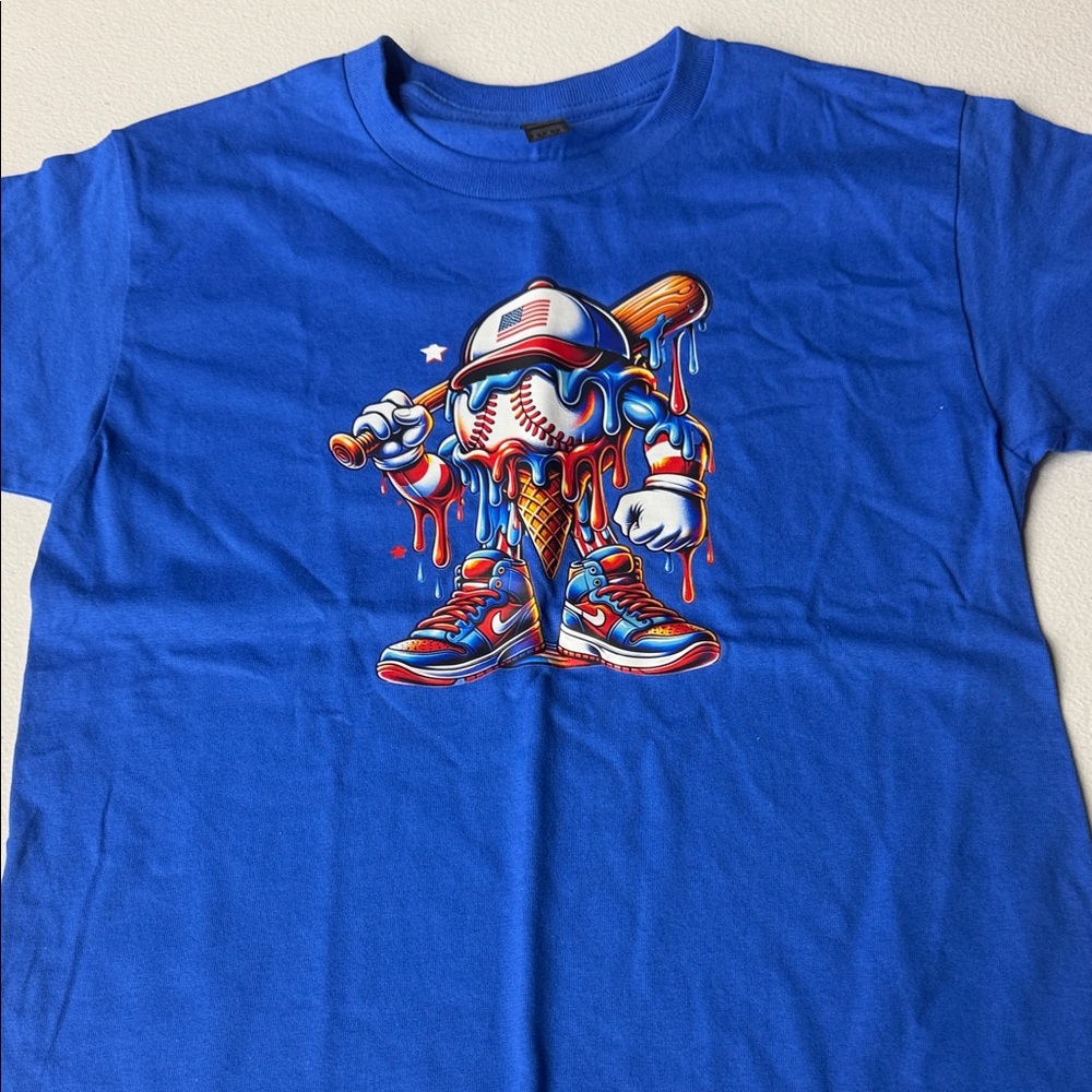 Gildan Royal Blue Kids Tee with Melting Baseball Ice Cream Graphic